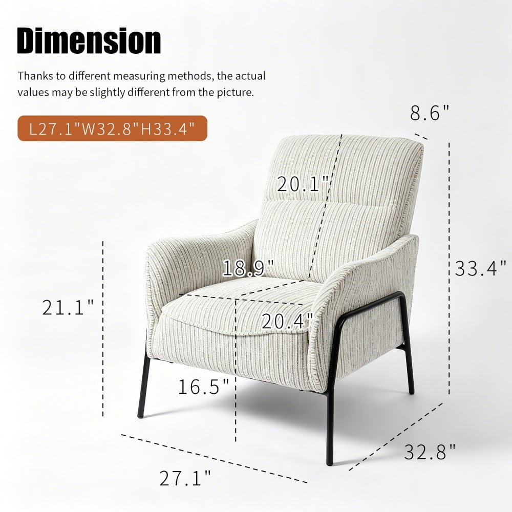 Modern Striped Accent Chair, Upholstered Armchair with Black Metal Frame, Padded Lounge & Reading Chair with Lumbar Pillow for Living Room, Bedroom & Office, Grey