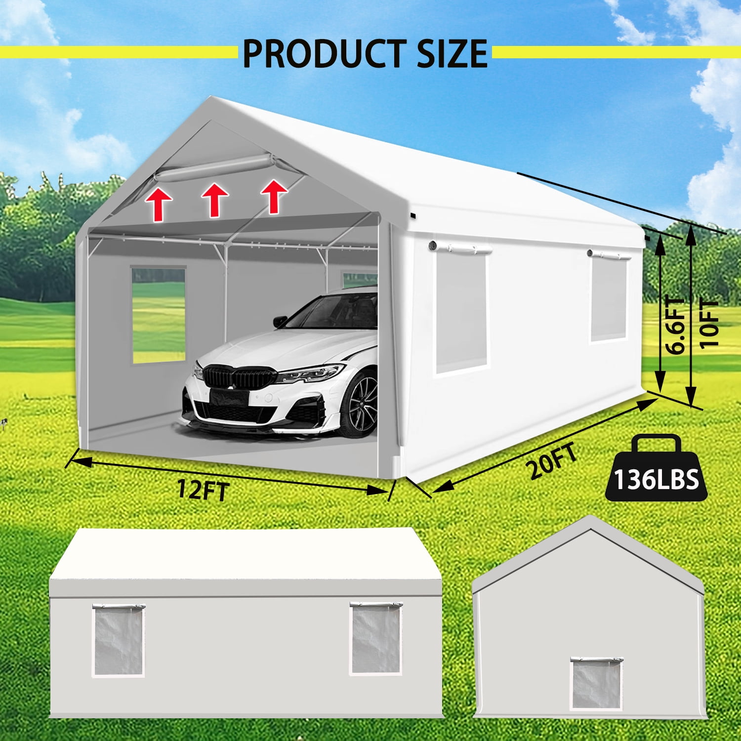 Rainproof Portable Paint Booth 20X12X10FT Spray Booth with 6pcs Mesh Windows & Floor for Painting Cars, Auto Parts, Big Furnitures and Other Items (White)