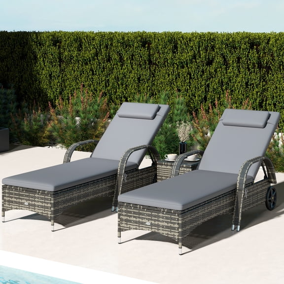 Outsunny Chaise Lounge Set of 2 with 5 Angle Backrest, Wheels, Table, Cushions, PE Rattan Wicker Chairs, 3-Piece Pool Furniture Set, Gray