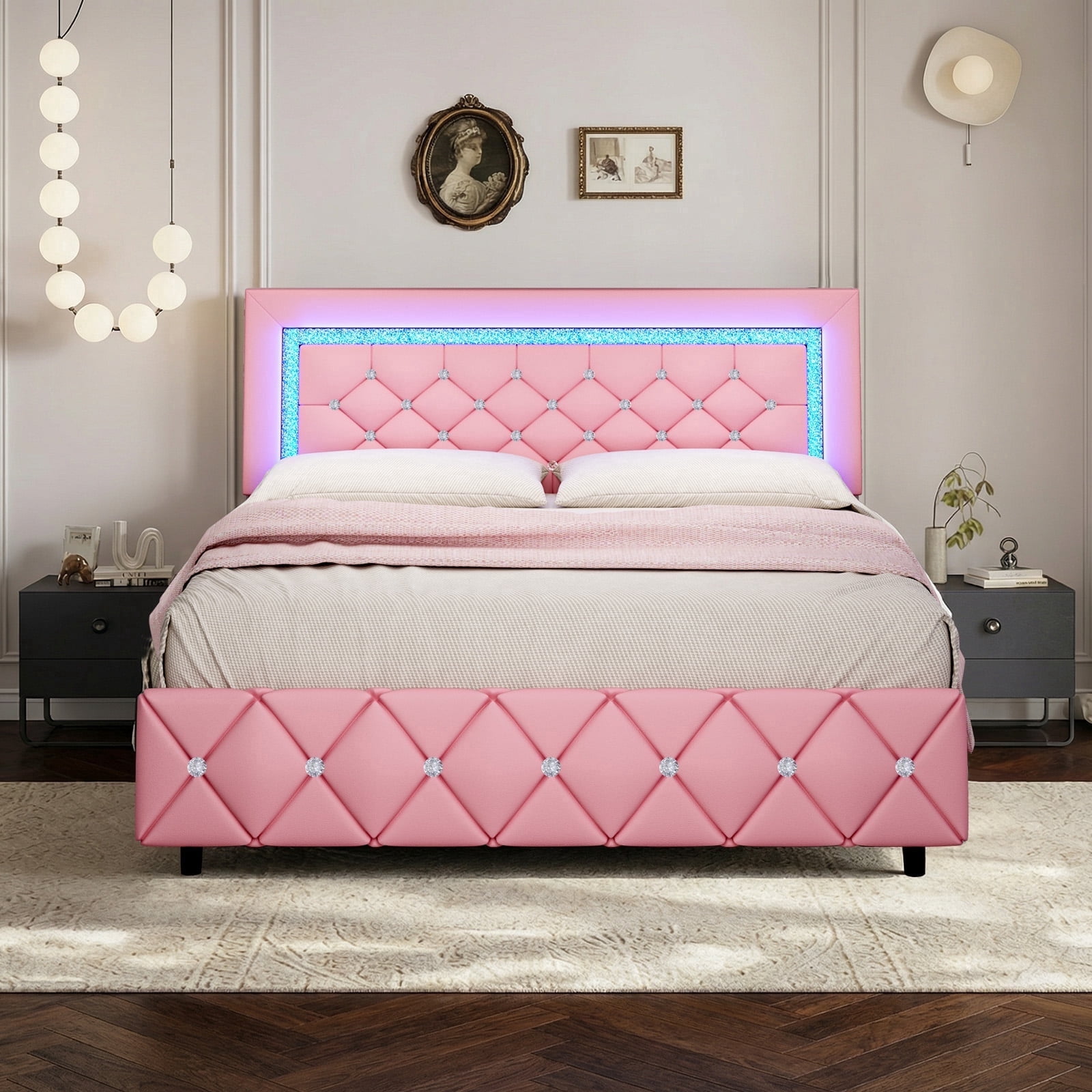 4 Ever Winner Full Size Pink LED Bed Frame with Storage Drawers, Diamond Tufted Upholstered Headboard