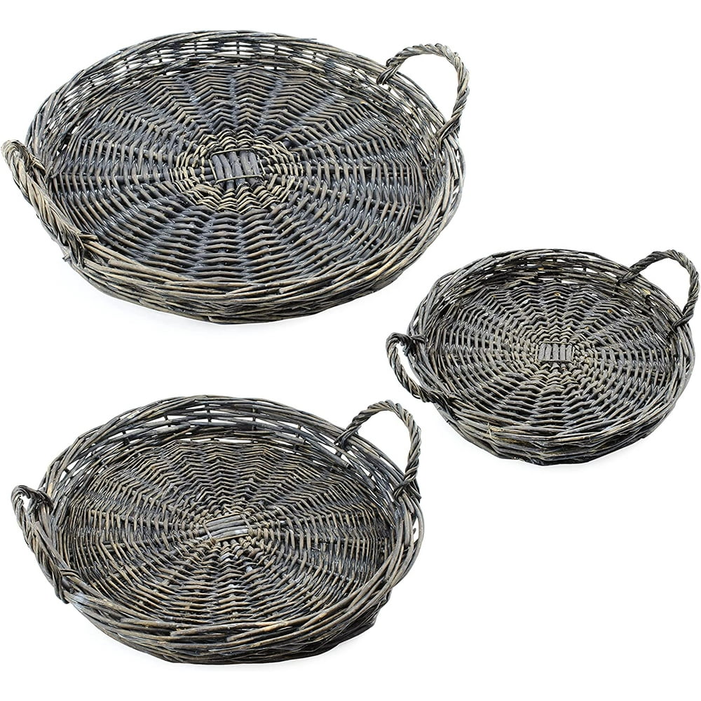 AuldHome Rustic Willow Basket Trays, Set of 3 (Round, Gray Washed