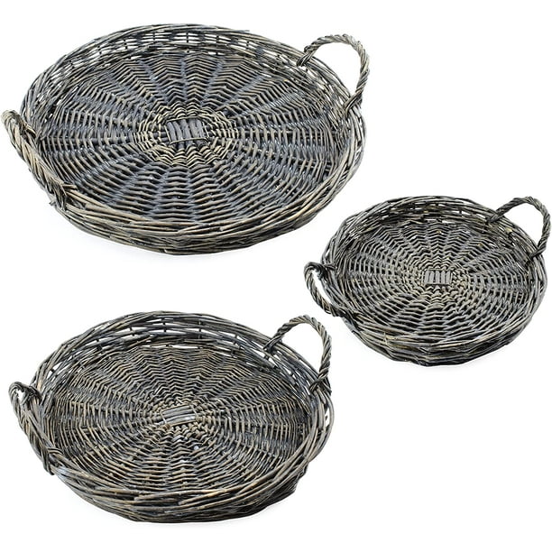 AuldHome Rustic Willow Basket Trays, Set of 3 (Round, Gray Washed