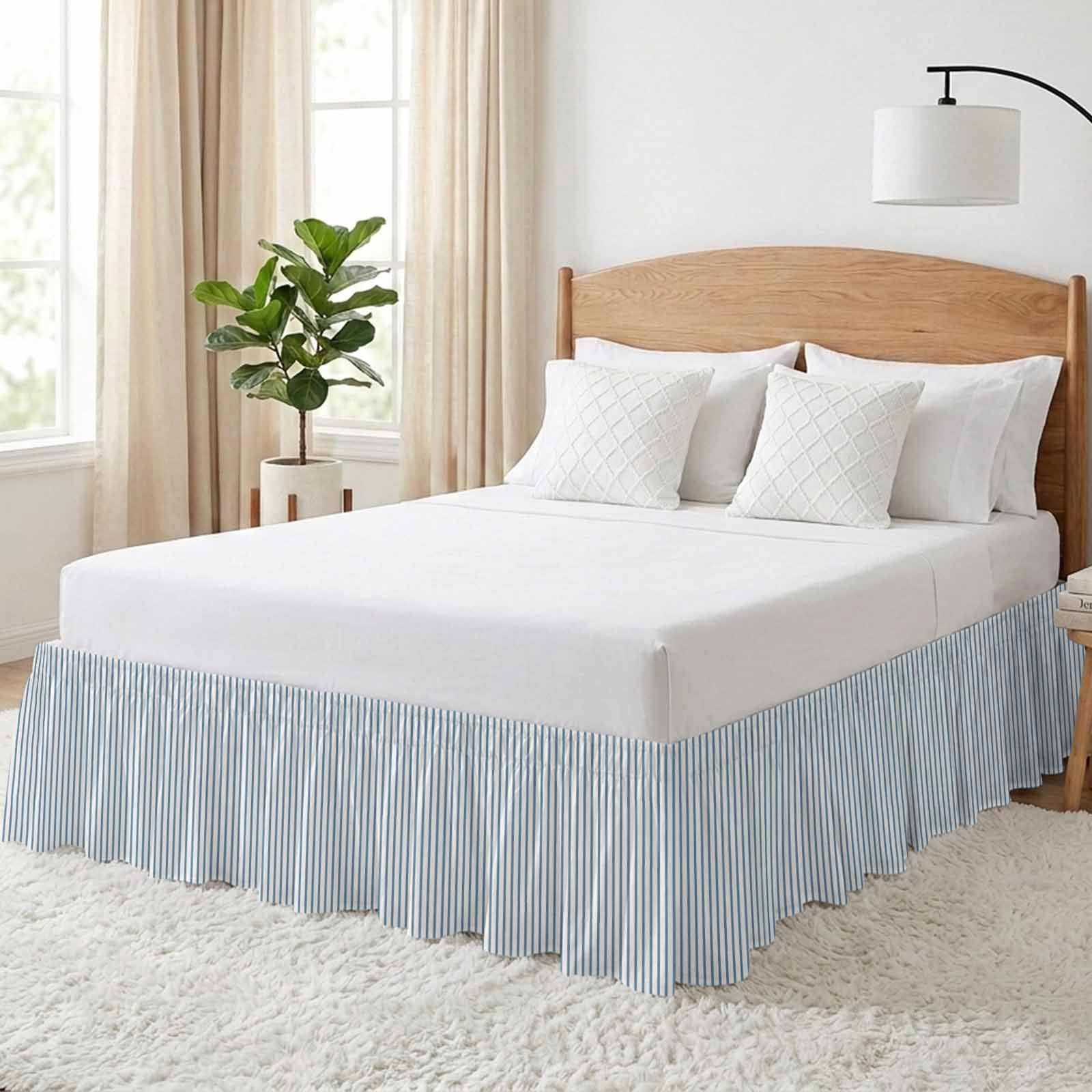 Bed Skirt Blue White Stripe Pattern Adjustable Elastic Wrap-Around Dust Ruffle with Simple Style Light Blue Pinstriped 16 Inch Drop, Bed Frame Cover for Queen Size Bed