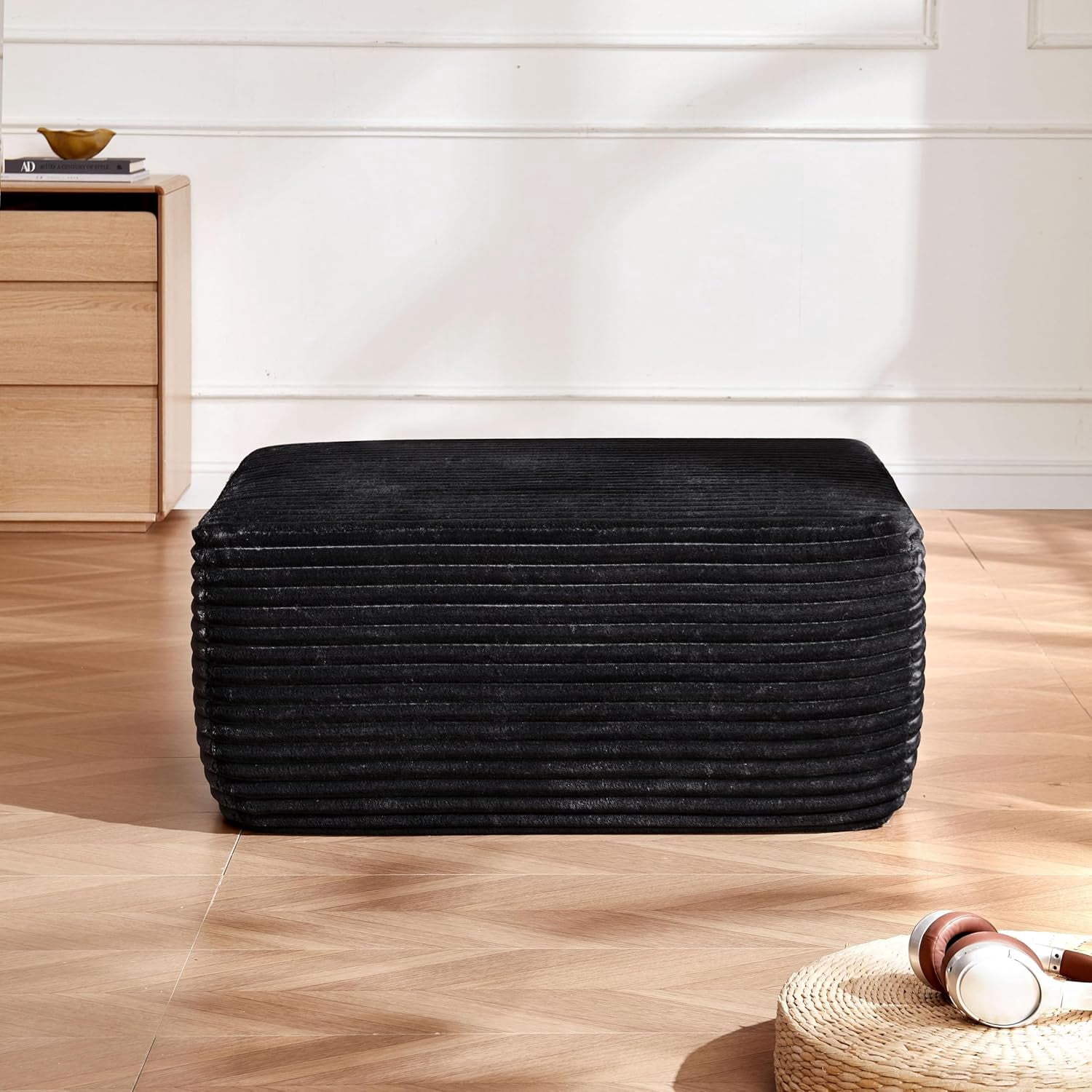 Howcool Oversized Corduroy Ottoman Bench for Living Room, Rectangle Plush Footrest Pouf, Extra Seating & Coffee Table for Sofa, Compressed Memory Foam, No Assembly Required, Black