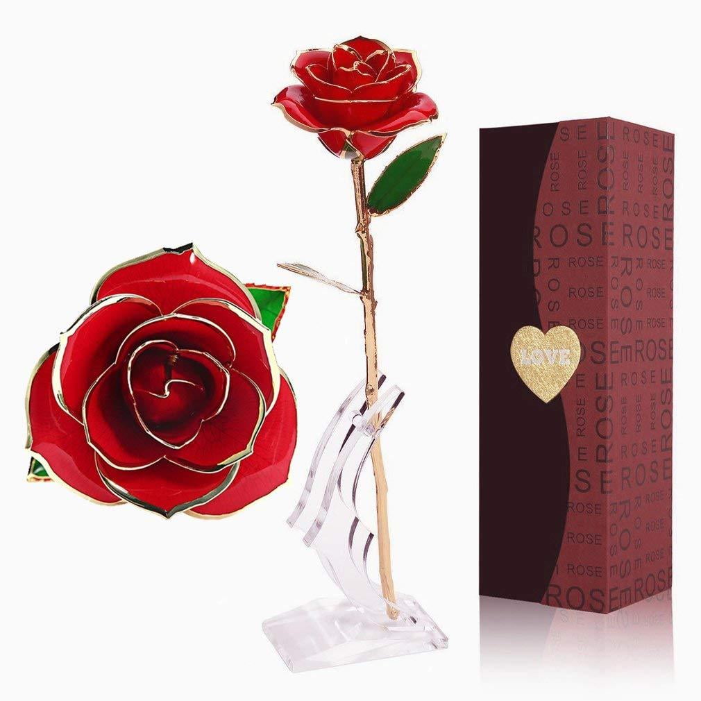 24K Gold Rose Dipped Flower Real Long Stem with Stand Mother's Day Love Gifts 