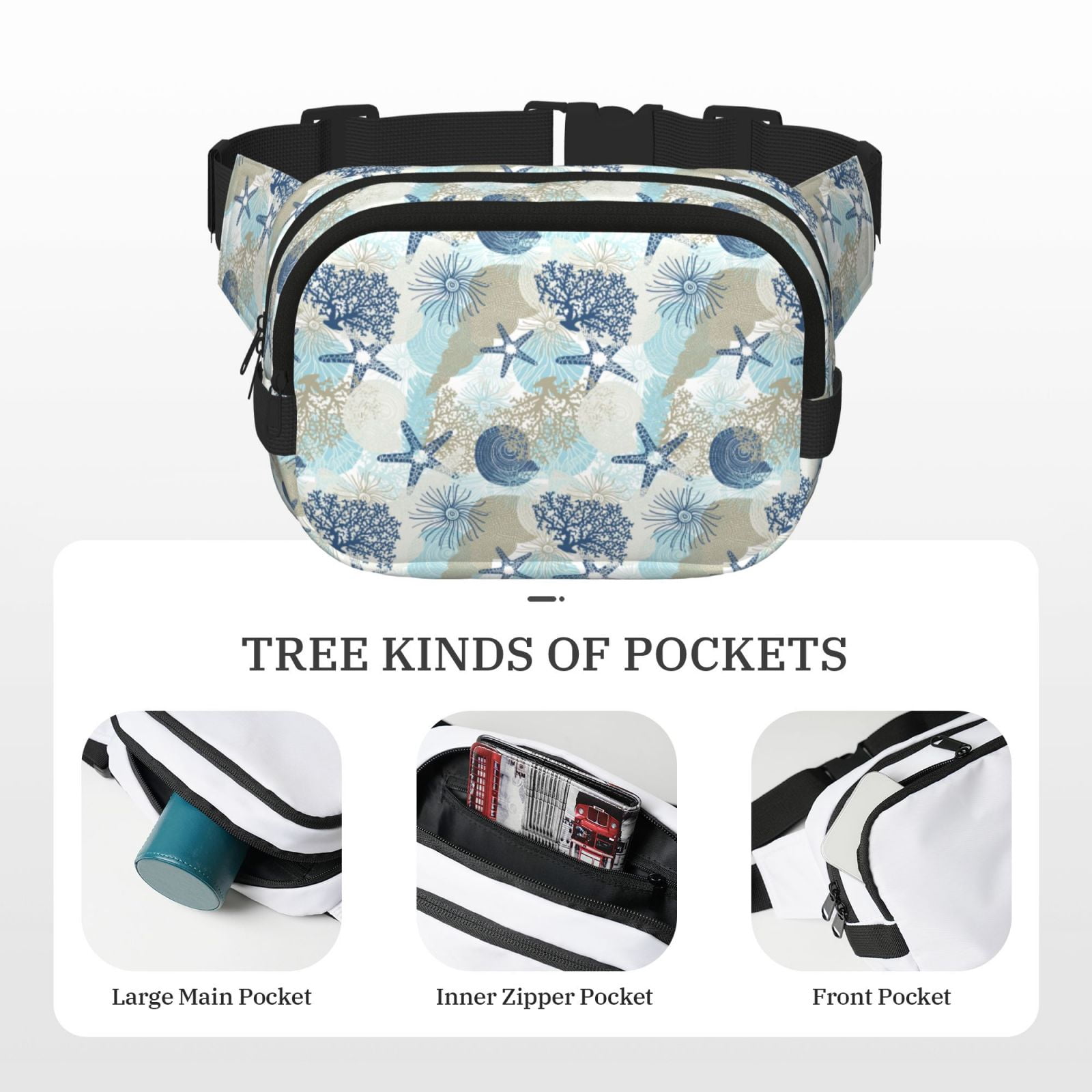 Picia Algae Corals and Seashells Print Square Double-Layer Waist Bag Mini Adjustable Waist Belt Bag Exercise Running Travel Hiking