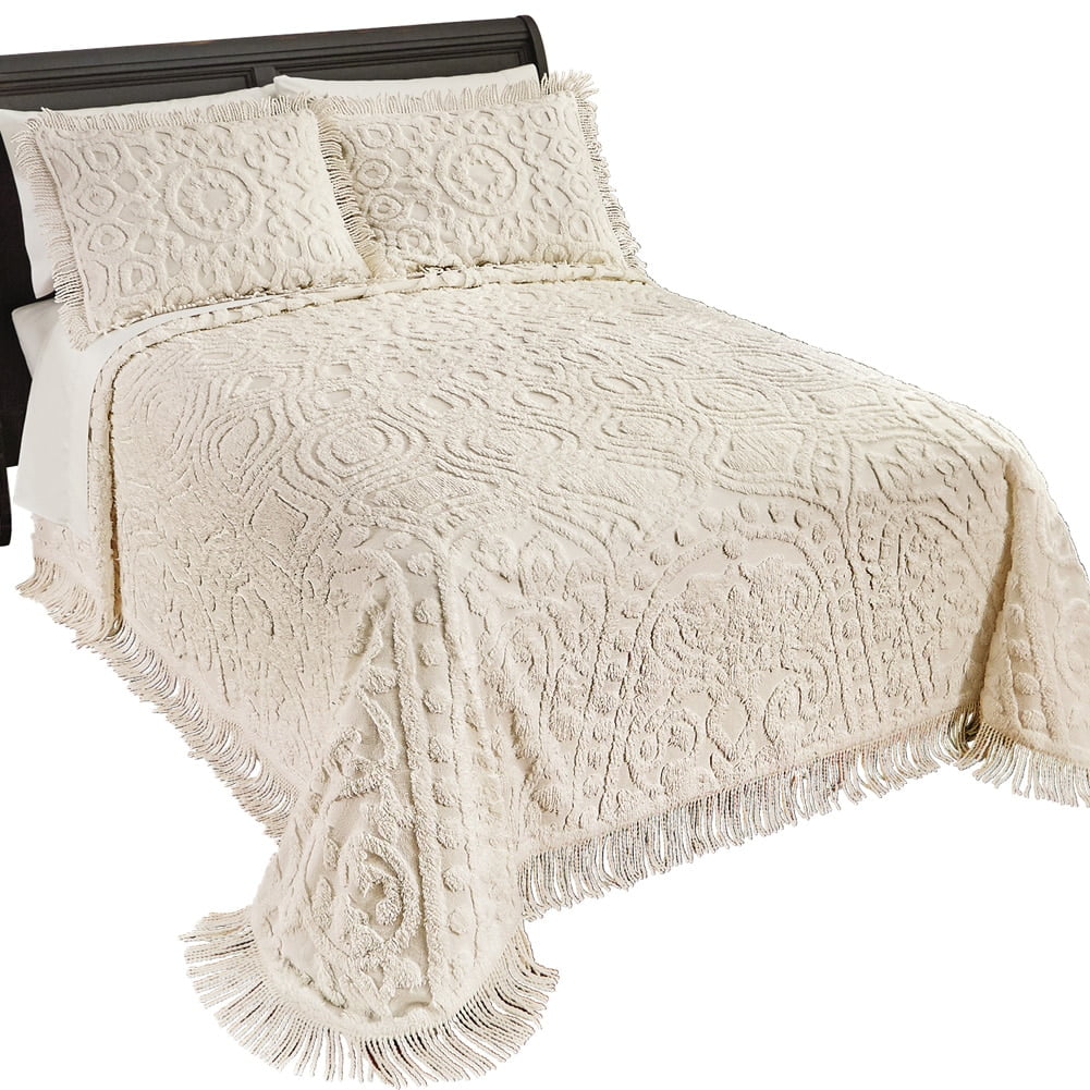 Medallion Modern Cotton Chenille Bedspread with Fringe, Twin, Cream