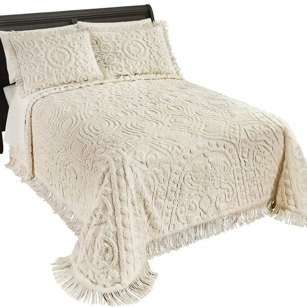 Medallion Modern Cotton Chenille Bedspread with Fringe, Twin, Cream