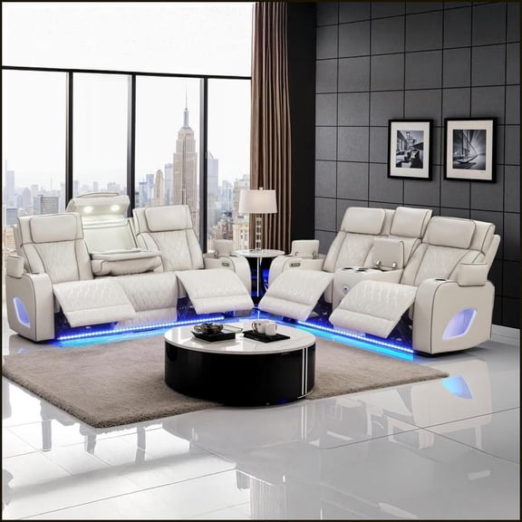 Recliners 2PC Living Room Set, Sofa & Loveseat, Modern Style with Power Recline, Massage, LED Lights, Bluetooth, Wireless Charging | Beige | Faux Leather