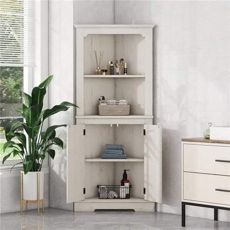 Liveditor QWE-WBWB04559 Tall Corner Cabinet in Beige with Doors - 3-Tier Storage for Kitchen and Bath