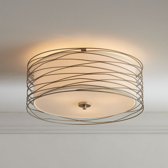 Possini Euro Design Modern Ceiling Light Flush Mount Fixture Antique Silver Leaf 18" Wide Wavy Spun White Drum for Bedroom Kitchen