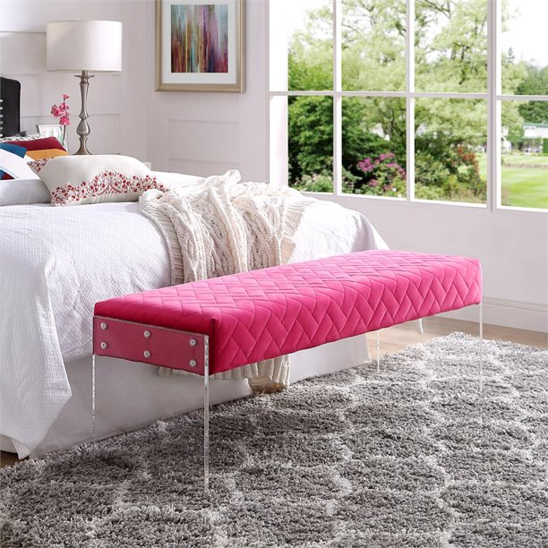Asher Fuchsia Velvet Upholstered Bench Quilted Clear Acrylic Sides