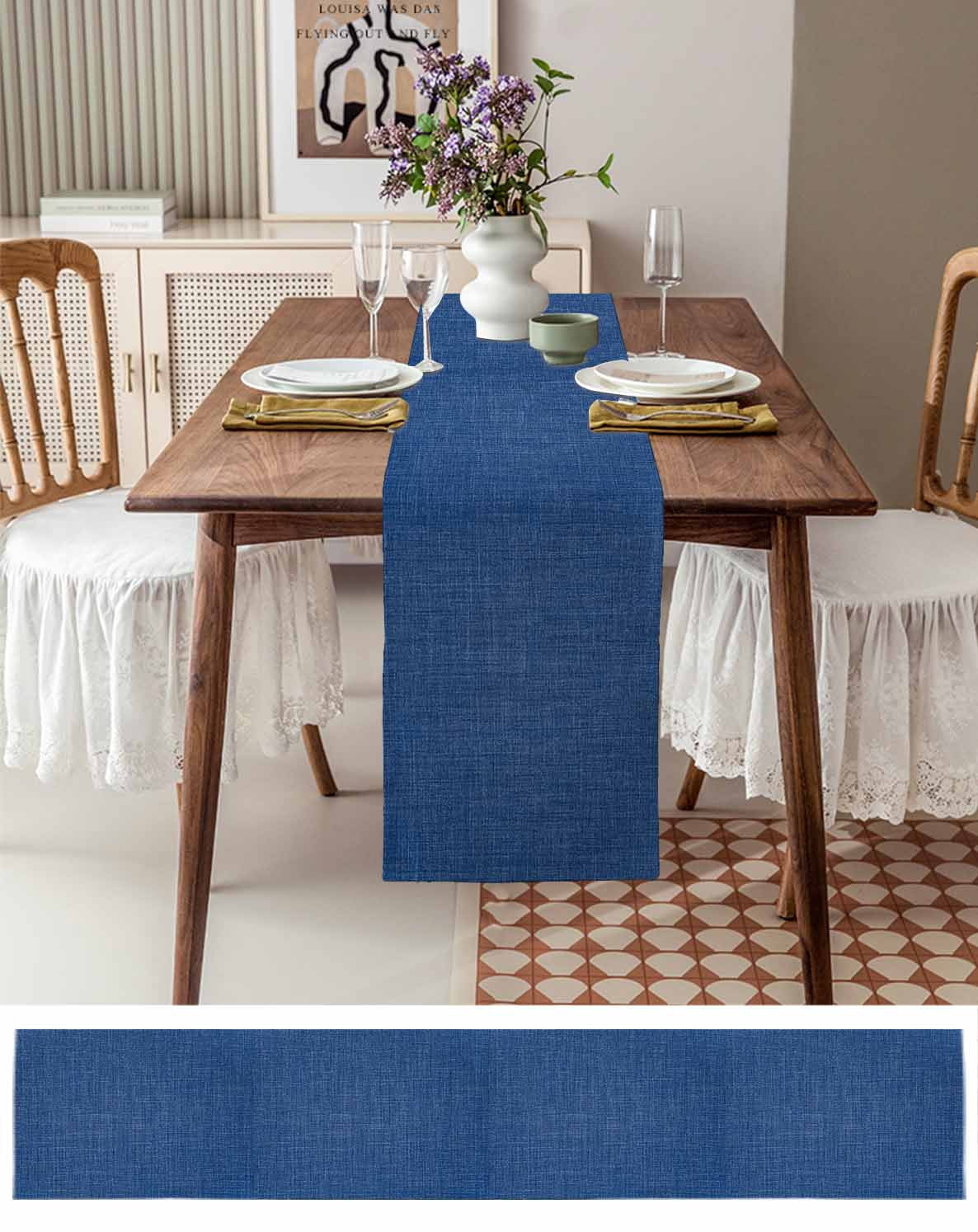 Table Runner 120 Inches Long for Kitchen Dining, Dark Blue Dresser Scarf Farmhouse, Dining Table Decorations for Wedding/Parties, Farmhouse Burlap Solid Color Blue Modern Linen Texture 13 x 120 In
