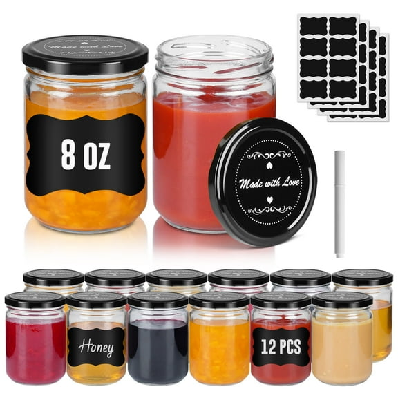SOONTRANS Mason Jars 8oz, 12 Pack Regular Mouth Glass Jars With Lid Salad Jars with Stickers Canning Jars, Condiment Pots Pickling Home Decor Overnight Oats Fruit Preserves Jam Jelly Food Relishes