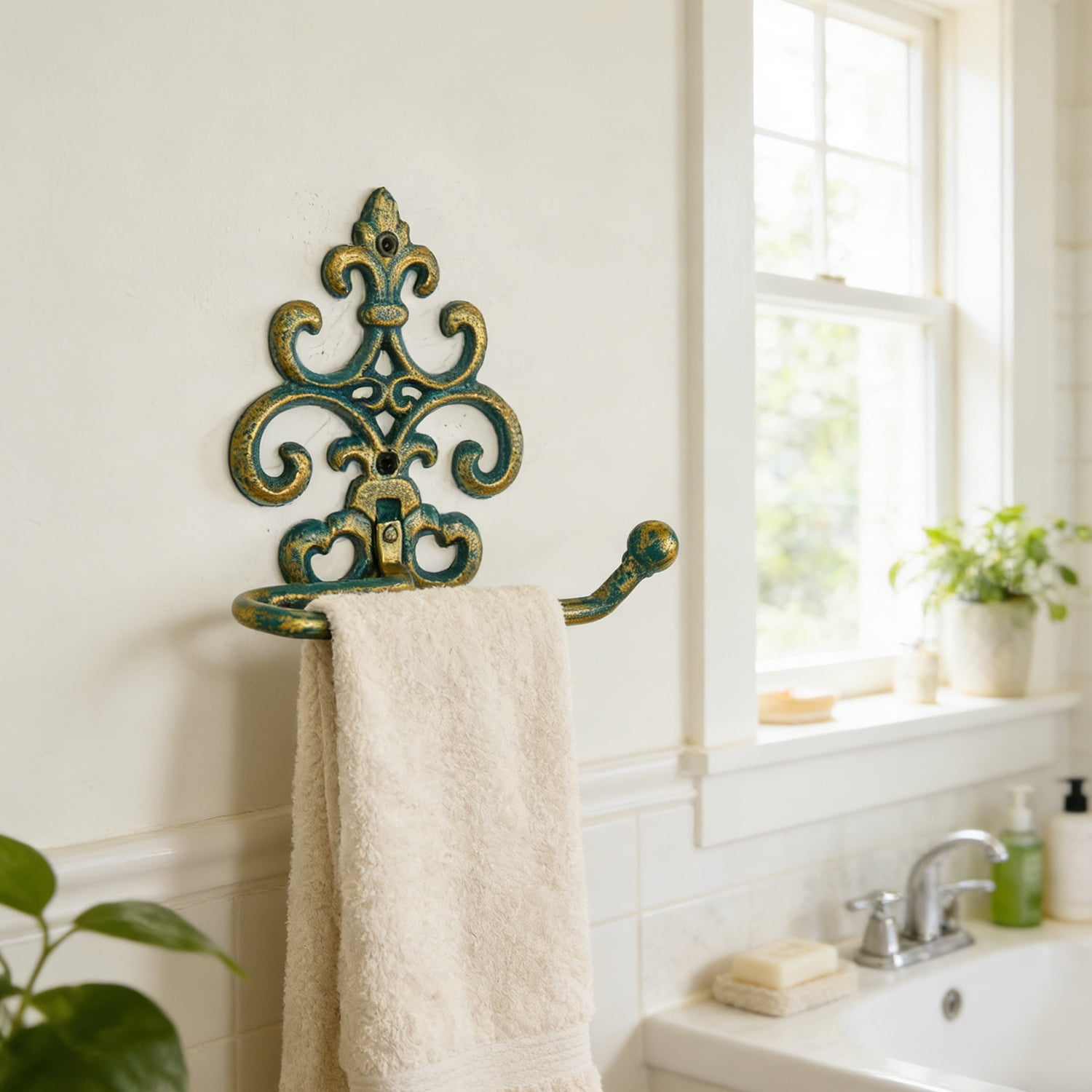 Sungmor Vintage Cast Iron Toilet Paper Holder - Wall Mounted Rustic Bathroom Tissue Holder with Teal & Gold Finish, Decorative Accent for Farmhouse, Victorian Décor, Heavy Duty Metal Scroll Design