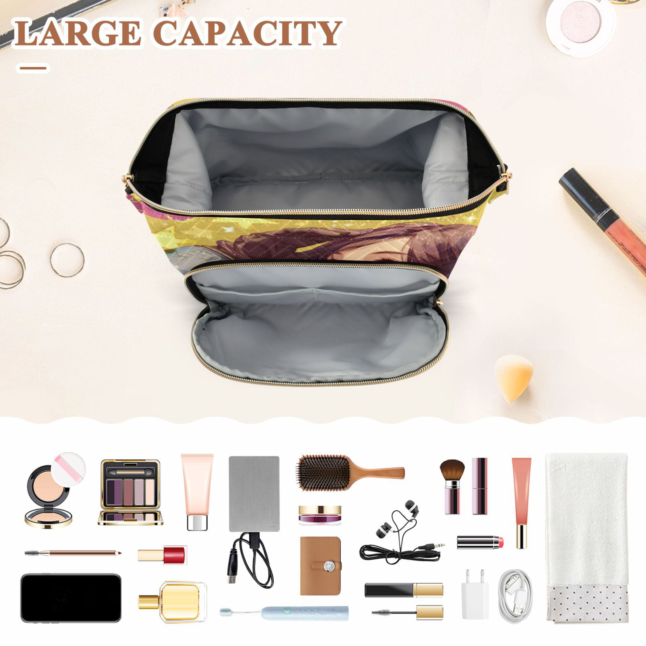 Wavy Quilted Cosmetic Bag Large-Capacity Travel Toiletry Organizer Includes 9-Piece Portable Travel Bottle Set Anime-style Astronaut