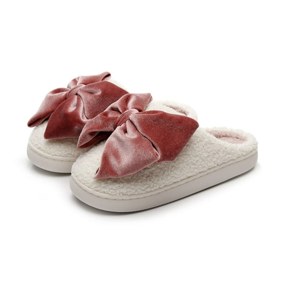Xfvqtps Women Fluffy Slippers Velvet Bow Decor Versatile Indoor Home Funny Winter Non-Slip Thick Sole Plush Slippers White