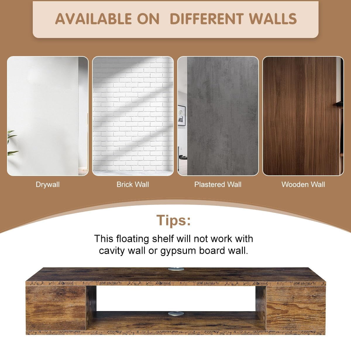 Floating TV Stand, Wall Mounted Entertainment Center and Cabinet Shelf, TV Console with Storage, Media Console for DVD Player, Space-Saving Under TV Shelf for Bedroom (Rustic Brown)