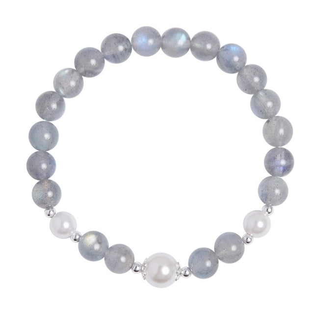 Pulsera de plata 925 con piedra lunar gris y perla sintética para mujer