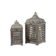 Paneled Wooden / Metal Lantern Set Of Two W/ Beautifully Crafted Metallic Roof