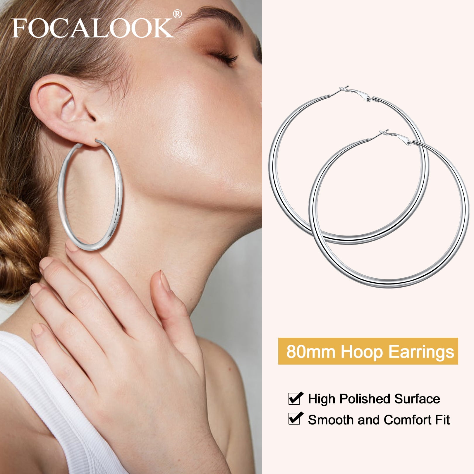 FOCALOOK Chunky Hoop Earrings for Women 316L Stainless Steel Hypoallergenic 5mm Thick Tube Large Circle Hoops 80mm