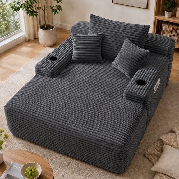 Yomsum Oversized Single Chaise Lounge Indoor, 47 inch Gray Plush Lounge Chair Chaise with 3 Pillows and Built-in Cup Holders