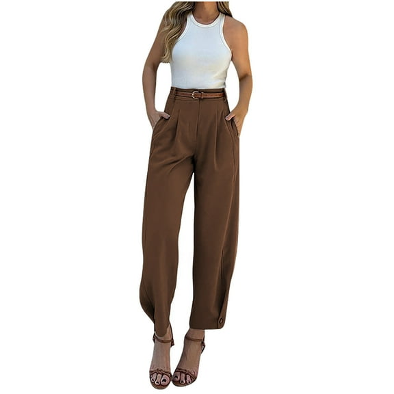 ShomPort Women's Summer High Waist Work Pant Casual Business Cinch Bottom Straight Pant with Pockets