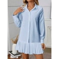 thumbnail image 3 of Baby Blue Womens Solid Pleated Shirt Dress With Collar, Front Button Closure, And Long Sleeves, 3 of 5