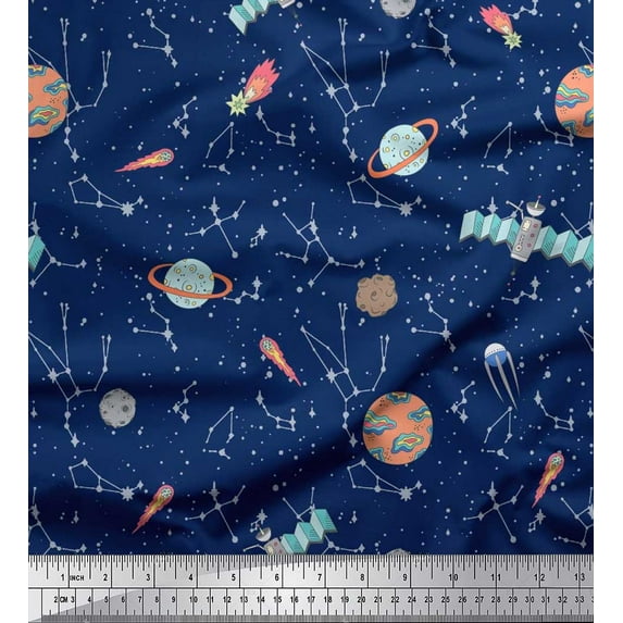 Soimoi Poly Georgette Fabric Star,Satellite & Planet Galaxy Printed Fabric 1 Yard 52 Inch Wide