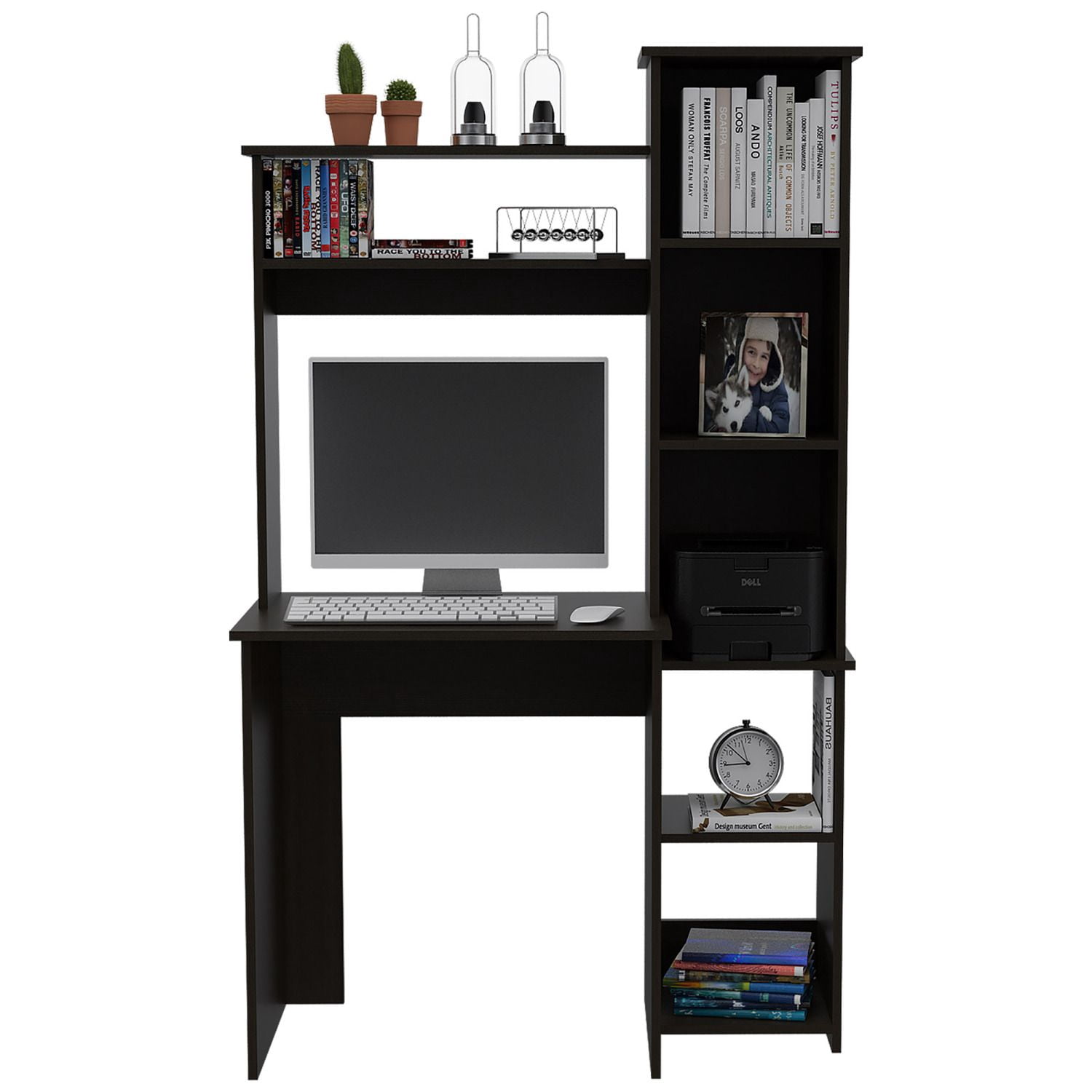 Asteroutdoor Wenge 6-Shelf Writing Desk with Built-in Bookcase, Particle Board, 39.7 in Wide, 63.9 in High, Home Office Study