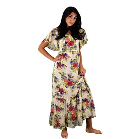 Peach Couture Womens Summer Gypsy Bohemian Vintage Floral Long Maxi Dress White Medium