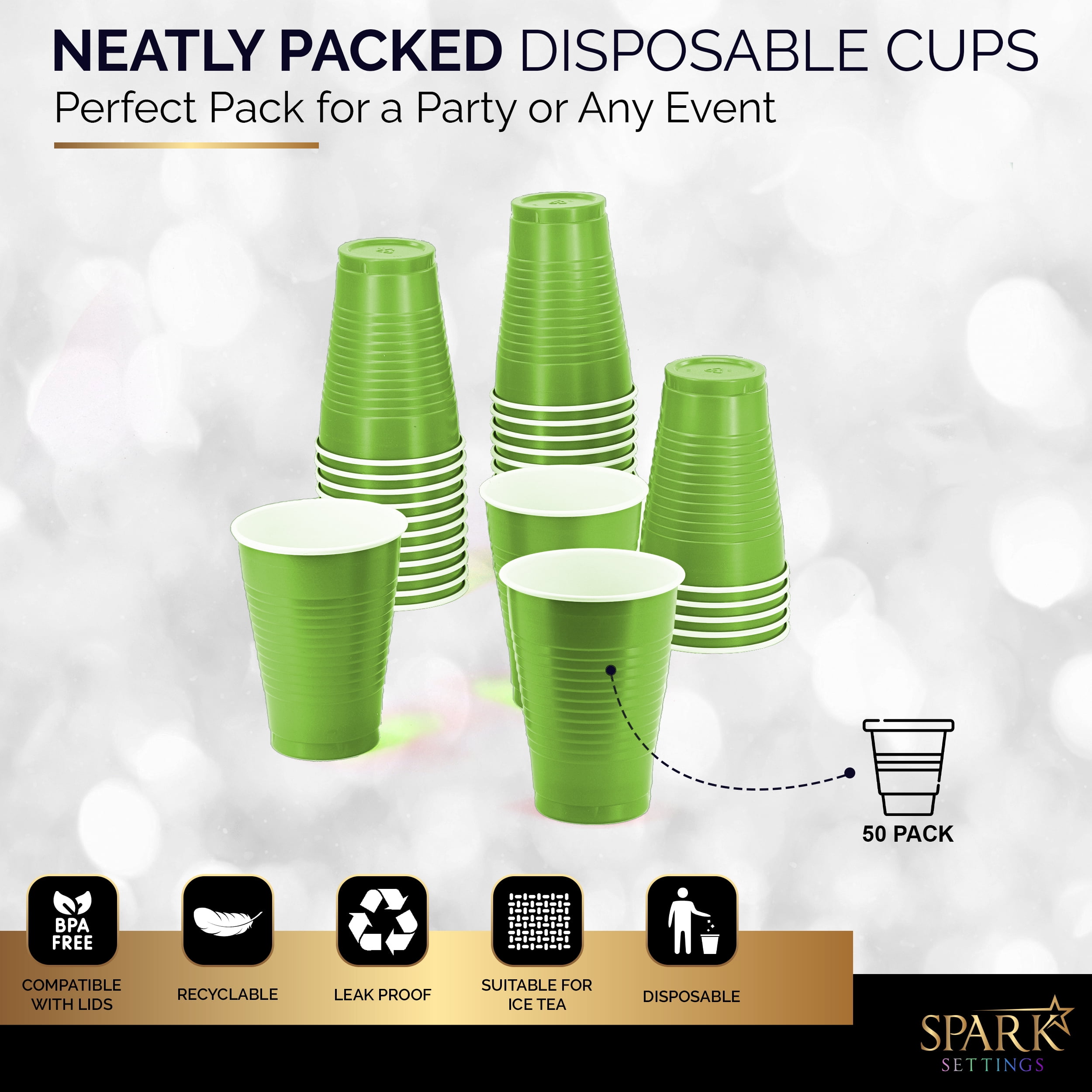 16 oz Green Cups [50 Pack] Disposable Plastic Cup, Big Birthday Party Cups,  St Patrick day Plastic Cups : Health & Household 