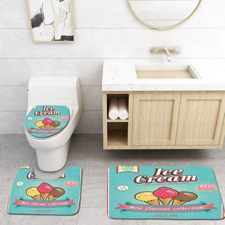 PUDMAD Ice Cream Best Flavor Collection Quote Free Topping Kids Seafoam 3 Piece Bathroom Rugs Set Bath Rug Contour Mat and Toilet Lid