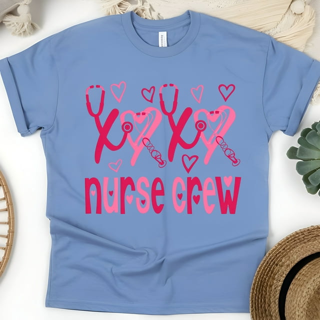 Nurse Crew T-Shirt with Pink Heart Stethoscope Design, CarolinaBlue, Size M
