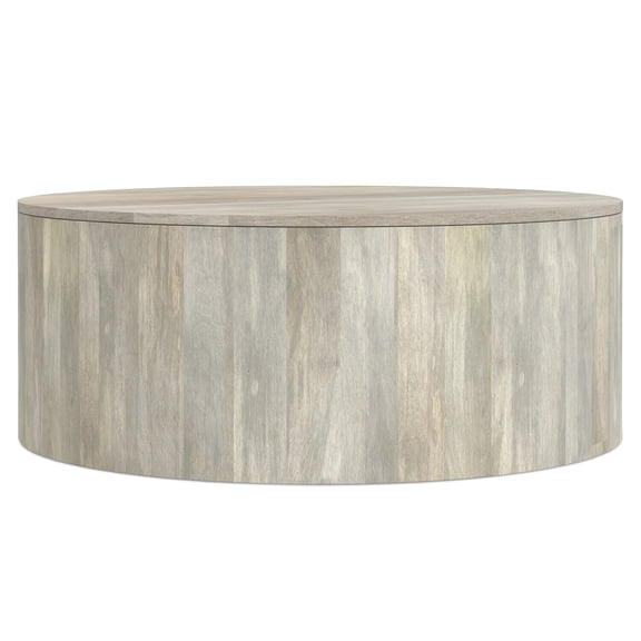 Mango Wood Round Coffee Table - 36 Inch White Wash Finish - Fully Assembled