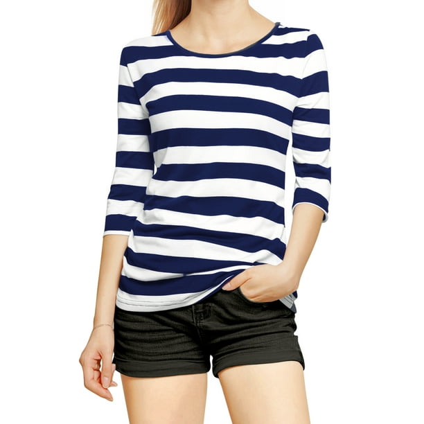 Disfraz de Día de San Patricio para mujer Camiseta ajustada Cuello redondo Manga en el codo Allegra K Blanco Azul Oscuro M