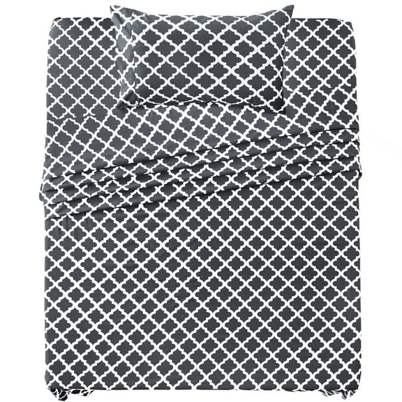 Lux Decor Twin Bed Sheet Set 3 Piece, Soft Microfiber, Deep Pockets - Quatrefoil Pattern, 1 Fitted & 1 Flat Sheet, 1 Pillowcase, Black