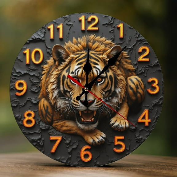 Wall Clock Decorative - Cool Roaring Tiger Print 2D Vintage Wall Clocks Battery Operated Silent Non-Ticking for Bedroom, Living Room, Kitchen, Office, Classroom, 10 Inch
