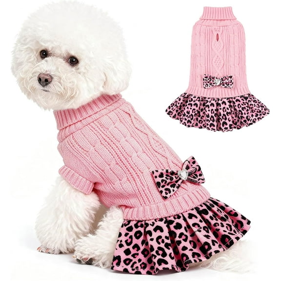 Girl Dog Sweater Dress with Bowtie Turtleneck Small Dogs Sweater with Leash Hole, Knitted Small Dog Sweaters Dress Puppy Winter Clothes for Yorkies Chihuahua (S, Pink Leopard)