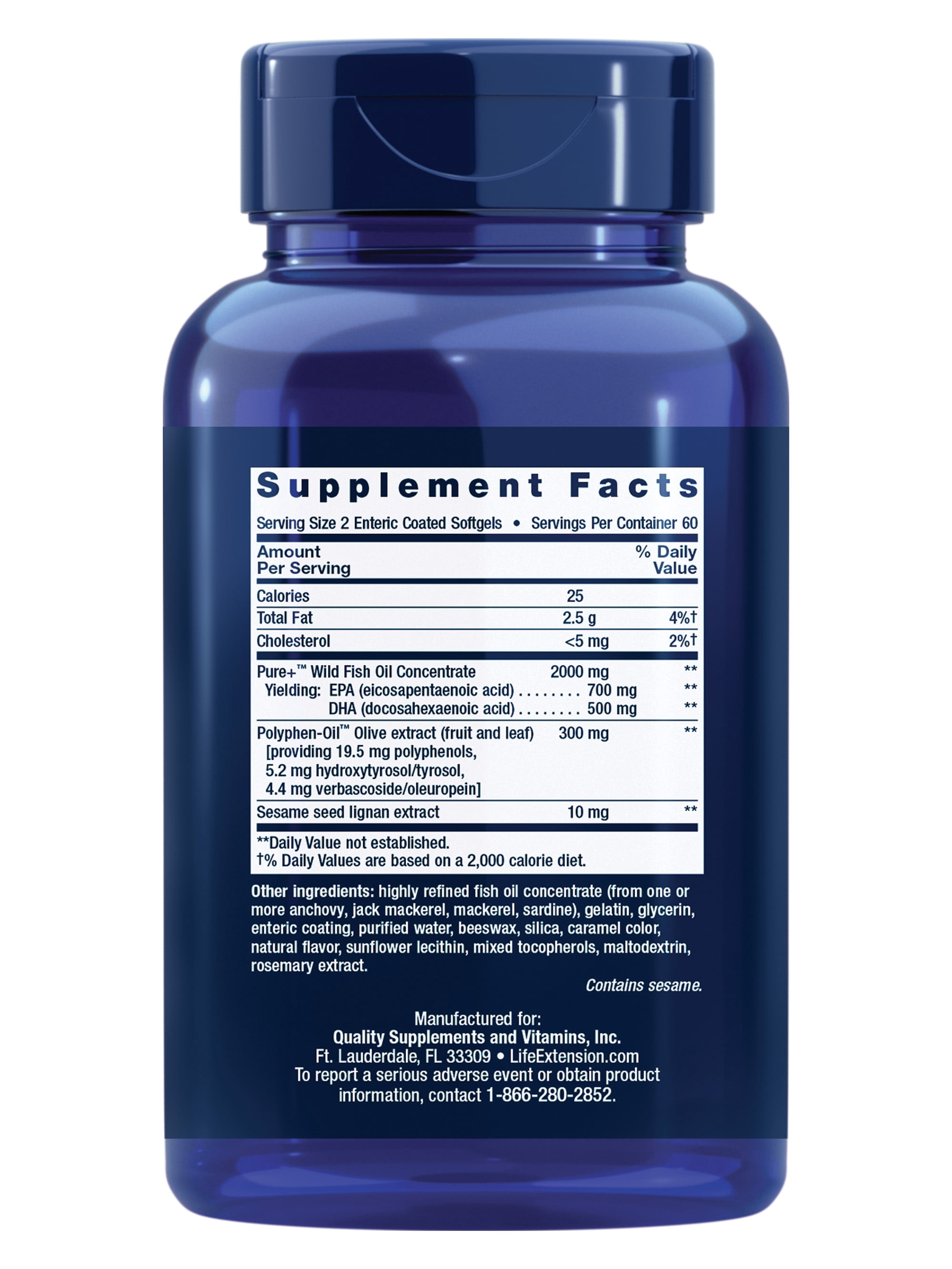 Life Extension Super Omega-3 EPA/DHA Fish Oil, Sesame Lignans & Olive Extract – Heart Health, Brain Health, Inflammation Health Support, Gluten-Free, Enteric-Coated, Non-GMO, 120 Softgels