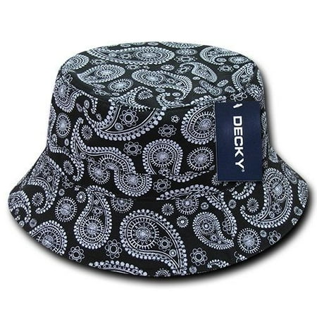 Black Fishermans Fishing Hunting Paisley Bandana Bucket Jungle Safari Cap Hat-L / XL
