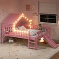thumbnail image 3 of Bellemave Full Size Loft Bed with Slide and LED Lights, Wood House Roof Low Loft Beds Frame with Ladder, Under Bed Storage, No Box Spring Needed (Pink), 3 of 8