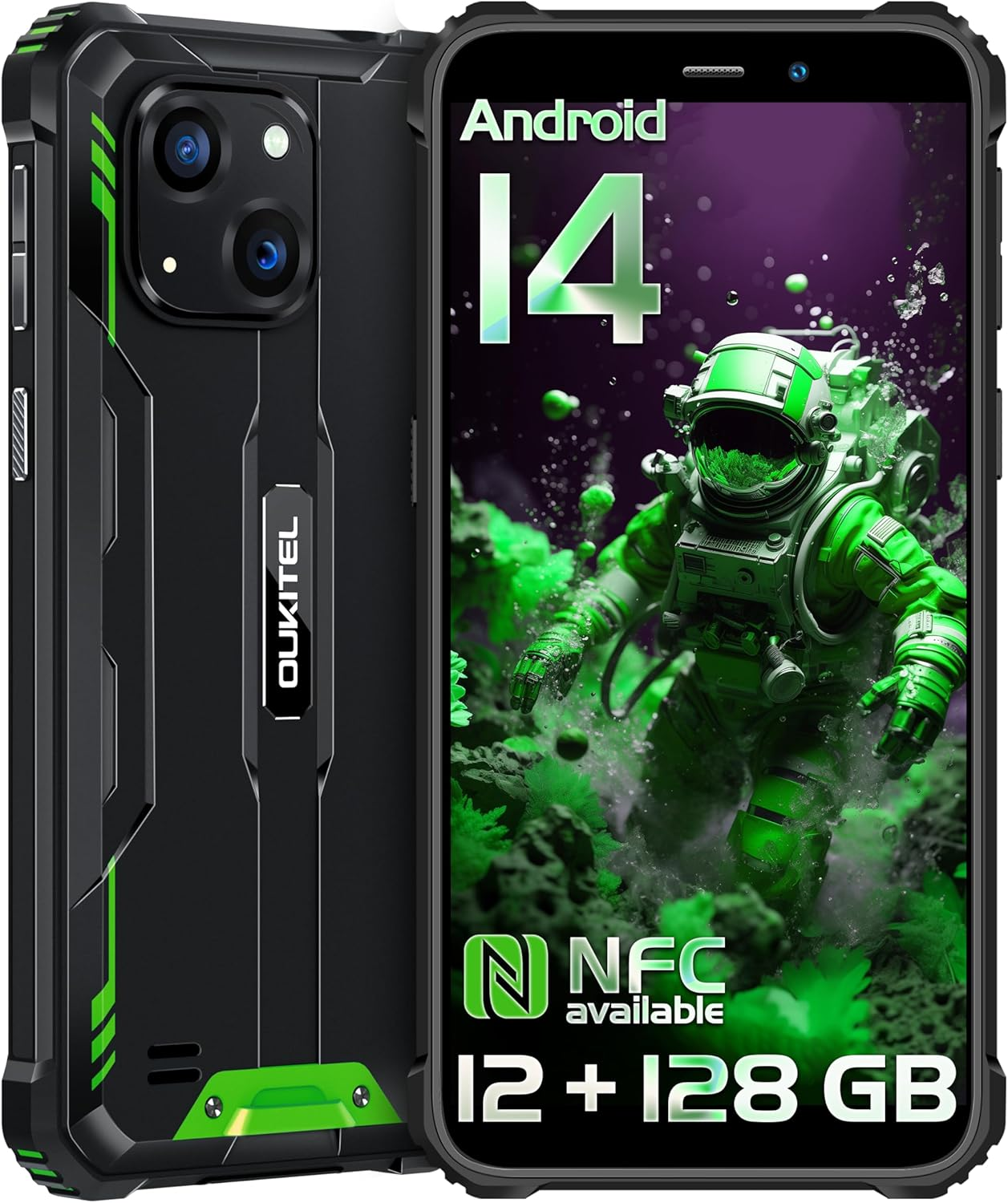 OUKITEL WP32 Rugged Smartphone - 12GB RAM+128GB ROM 1TB Expansion Android 14 Rugged Cell Phone, 6 inches Big Screen, 6300mAh Battery 20MP+5MP Camera, 4G Dual SIM,NFC,BT5.0,Face ID,T-Mobile, Green