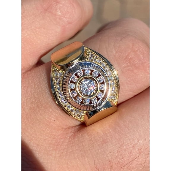 Men's 14k Gold Plated 925 Sterling Silver Ring Ice Out Round Cluster Pinky Diamond Ring