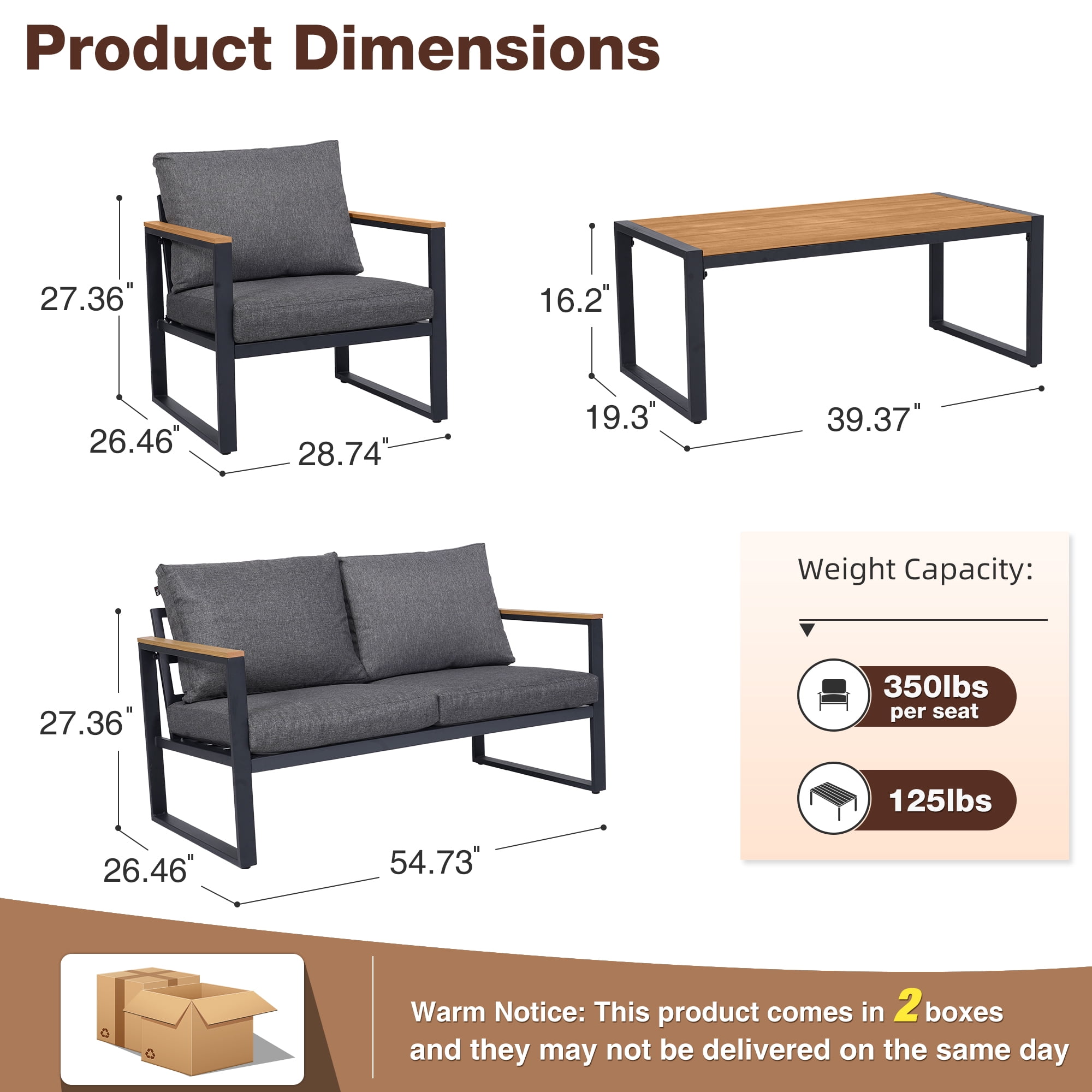 COMLAX FIELD 4-Piece Patio Furniture Set, Metal Outdoor Conversation Set with Coffee Table & Removable Cushions