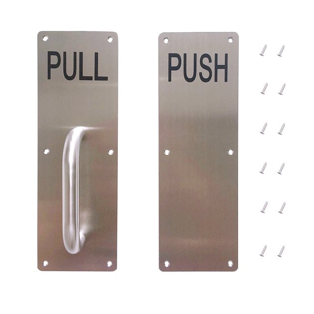 Aimyoo Manija de puerta de acero inoxidable, tirador y placa de empuje, manija de puerta comercial con tornillos, 11,8 "x 3,2"