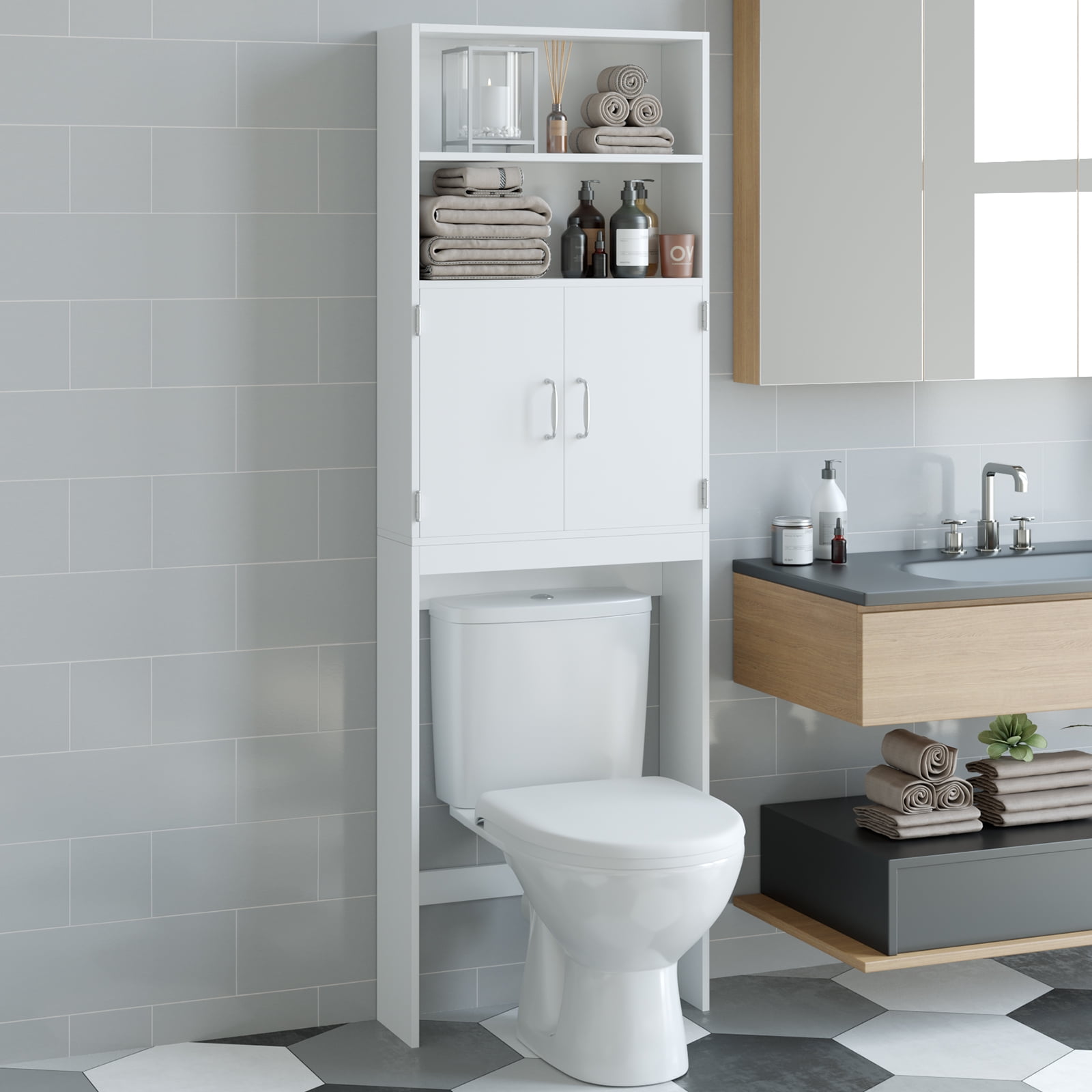 Homfa Over The Toilet Storage, 2 Tier Bathroom Organizer with  Multi-Functional Shelves, Toilet Storage Rack, White