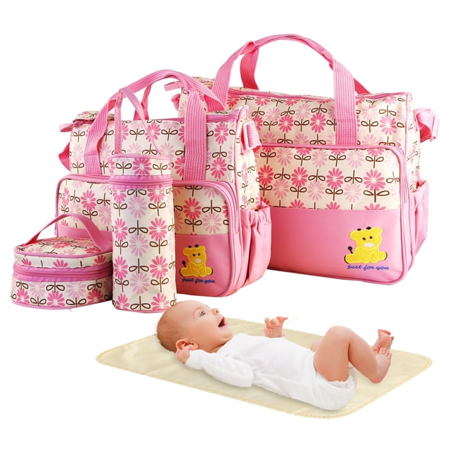 Juego de bolsas de pañales para bebés TeqHome, 5 piezas con cambiador, color rosa