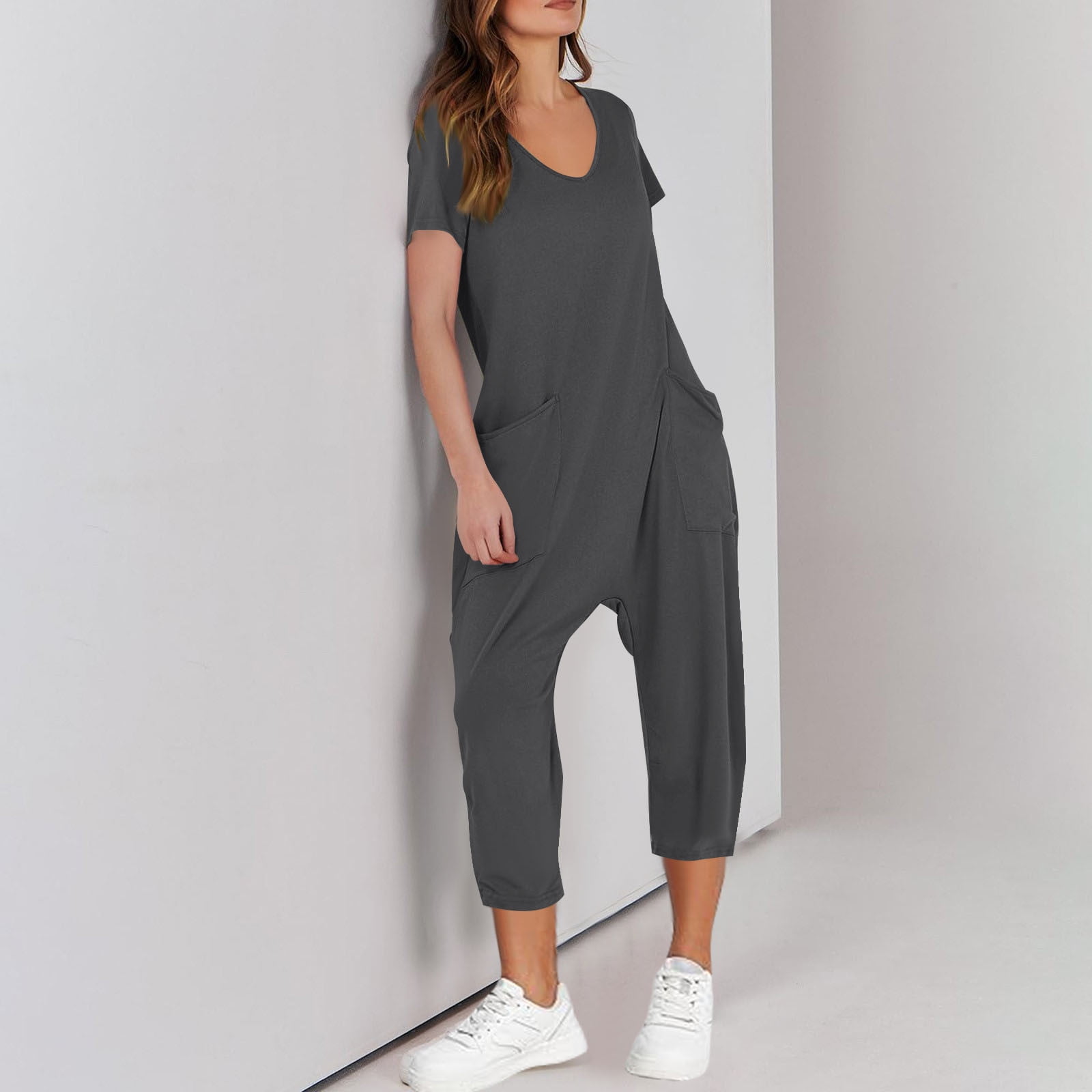 AGWOLF Adult Onesie Pajamas for Women Stretch V Neck Short Sleeve Jumpsuits Loose Fit Solid Ankle Length Pants Summer Rompers with Pockets Soft Sleepwear Homewear One Piece Gray XXL