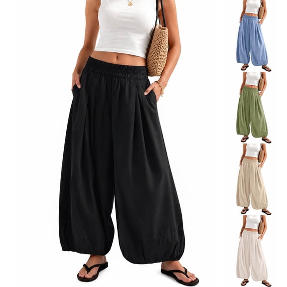 Wide Leg Pants for Women BWASD Casual Cotton Linen Elastic Waist Baggy Bloomers Pants Large Size Pocket Palazzo Trousers Fashion Beach Vacation 2031 Trendy (Black,L)